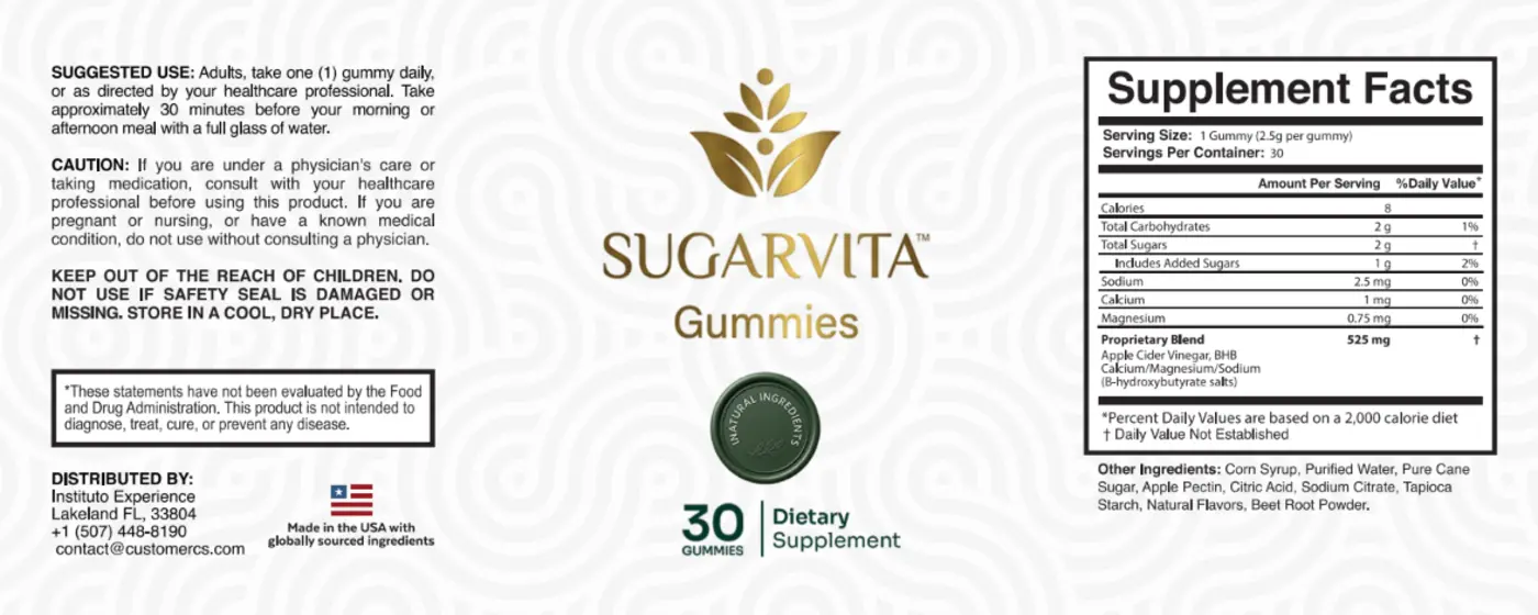 SugarVita Gummies Supplement Facts label
